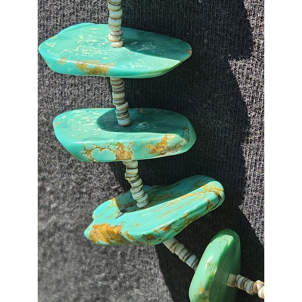 Santo Domingo Heishi Necklace Sterling Graduating Royston Turquoise Nugget 30" - Picture 3 of 16